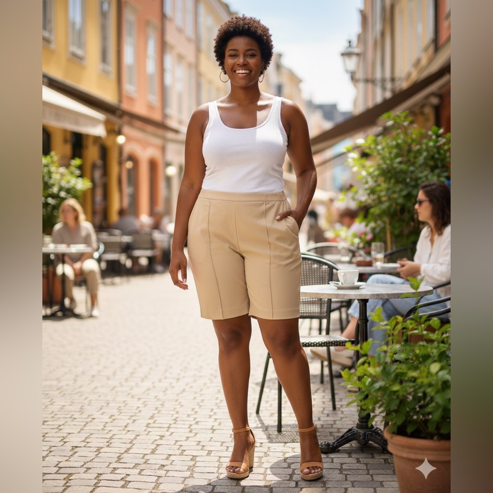 SIZE 18W PETITE New QVC Isaac Mizrahi Women’s Khaki Long Shorts With Pintuck